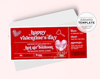 Printable Valentine's Day Gift Ticket Template, Hot Air Balloon Ride Gift Voucher, Valentines Day Coupon | EDITABLE TEMPLATE #082