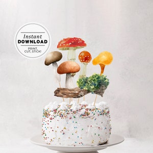 Druckbare minimalistische Pilz Kuchen Topper, Aquarell Wald Mittelstücke, Geburtstag Party Tischdekoration, Instant Download #057