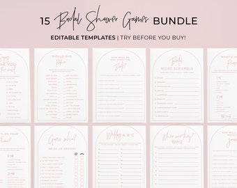 Bridal Shower Games Bundle, Set of 15, Wedding Shower Games, Hens Party Games, Shower Games, Printable Editable Template #037 Blush Arch