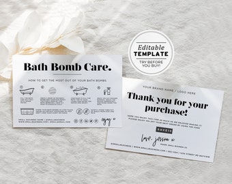 Minimalist Bath Bomb Thank You, Care Instructions and Storage Care Card with Icons, Package Insert | EDITABLE TEMPLATE #055 #043 Mr White