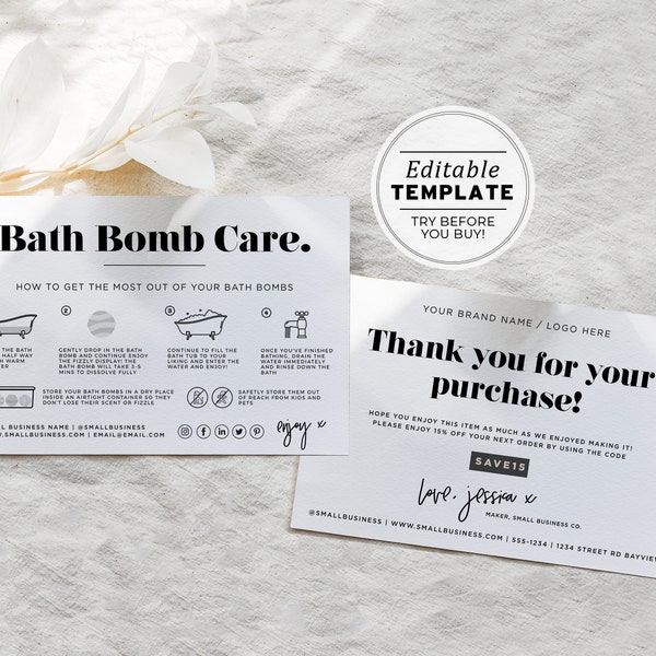 Minimalist Bath Bomb Thank You, Care Instructions and Storage Care Card with Icons, Package Insert | EDITABLE TEMPLATE #055 #043 Mr White