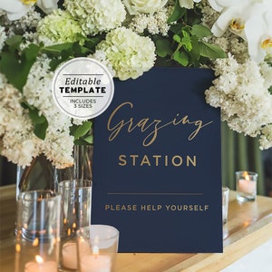 Classic Navy & Gold Grazing Station Sign | EDITABLE TEMPLATE, Printable #012