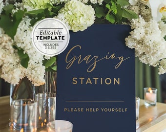 Classic Navy & Gold Grazing Station Sign | EDITABLE TEMPLATE, Printable #012