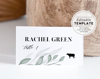 Chelsea Leafy Minimalist Place Card Templates with Meal Choice Icons, Editable Dinner Escort Cards | EDITABLE TEMPLATE, Printable #068