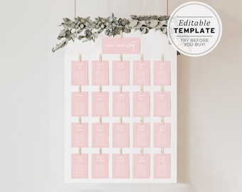 Blush Minimalist Wedding Seating Chart Template, Hanging Table List, Wedding Seating Sign, Printable, Editable Template #035