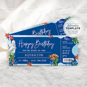Printable Aquarium Ticket Birthday Gift Template, Surprise Gift Certificate | EDITABLE TEMPLATE #082