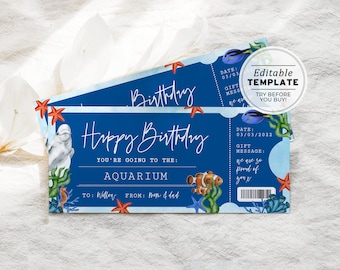 Printable Aquarium Ticket Birthday Gift Template, Surprise Gift Certificate | EDITABLE TEMPLATE #082