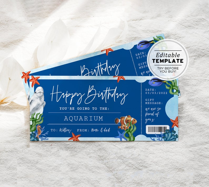 Printable Aquarium Ticket Birthday Gift Template Surprise Etsy