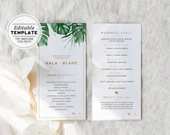 Kala Tropical Leaf & Gold Wedding Program Template, Modern Order of Service, Printable Ceremony Program, Editable Wedding Program #006