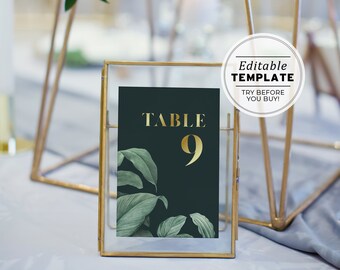 Mikala Tropical Leaf & Gold Table Number Sign - Set of 25, Printable | EDITABLE TEMPLATE #065