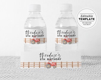 Minimalist Farm Tractor Birthday Party Bottle Wrapper Printable | EDITABLE TEMPLATE #075