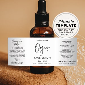 May include: A brown glass bottle with a white label that reads "Organic Face Serum" and lists ingredients, directions for use, and a website address. The label also includes the text "Glowing skin, naturally!" and "2oz | 59ml". The bottle is sitting on a light brown surface.