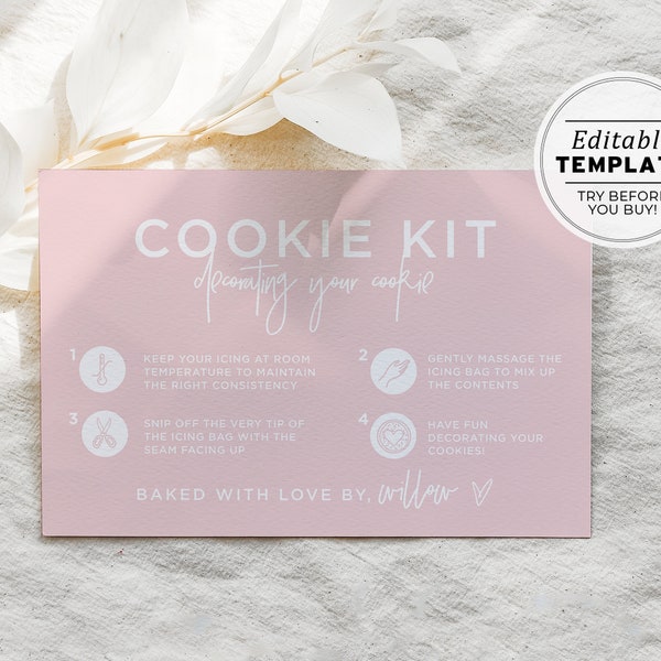 Blush Minimalist Cookie Kit Card Template, DIY Cookie Decorating Instructions Card | EDITABLE TEMPLATE #035