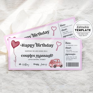 Printable Birthday Massage Ticket Template, Couple&#39;s Massage Gift Voucher, Birthday Surprise Coupon | EDITABLE TEMPLATE #082