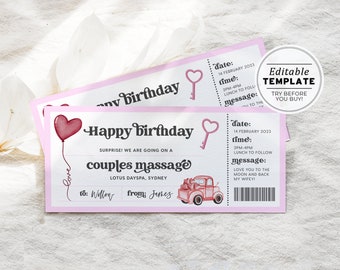 Printable Birthday Massage Ticket Template, Couple's Massage Gift Voucher, Birthday Surprise Coupon | EDITABLE TEMPLATE #082