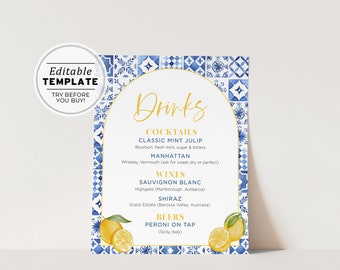 Amalfi Mediterranean Drinks Menu, Hens Cocktail Menu, Bar Menu, Bar Sign, Drinks Sign, Printable | EDITABLE TEMPLATE #090