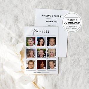 Puede incluir: Un juego imprimible con una cuadrícula de nueve fotos de celebridades. El juego pide a los jugadores que identifiquen qué celebridades nacieron en 1953. El texto "Born in 1953" está en la parte superior de la tarjeta del juego. El texto "Estas celebridades nacieron en 1953, nómbrelas a continuación." está debajo de la cuadrícula de fotos. El texto "Total Correct: " está en la parte inferior de la tarjeta del juego.