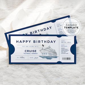 Printable Birthday Cruise Trip Boarding Pass, Cruise Voucher Template, Cruise Surprise Gift Certificate | EDITABLE TEMPLATE #082