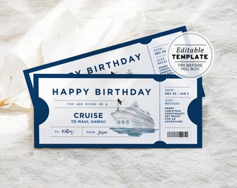 Printable Birthday Cruise Trip Boarding Pass, Cruise Voucher Template, Cruise Surprise Gift Certificate | EDITABLE TEMPLATE #082