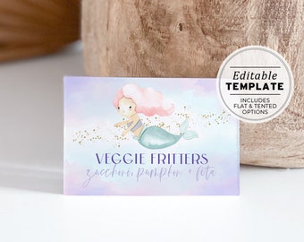 Coralie Mermaid Watercolor Tented Buffet Dish Name Cards, Kids Party Food Cards | PRINTABLE EDITABLE TEMPLATE #084