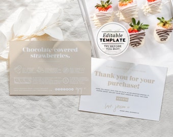 Minimalist Chocolate Covered Strawberries Card and Thank You Card, Thank You Package Insert | EDITABLE TEMPLATE #053 #043 Scandi Minimalist