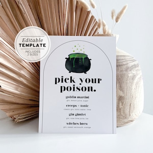Minimalistisches Pick Your Poison Halloween Drinks Schild, Halloween Party Schild | EDITIERBARE VORLAGE