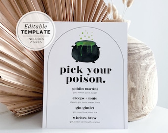 Minimalist Pick Your Poison Halloween Drinks Sign, Halloween Party Sign | EDITABLE TEMPLATE