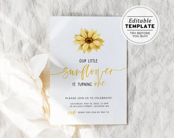 Minimalist Sunflower Kids Birthday Party Invite Template, Printable Minimalist Birthday Party Invitation | EDITABLE TEMPLATE #081