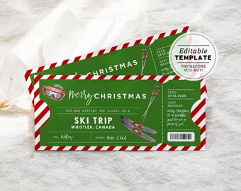 Printable Ski Pass Christmas Gift, Ski Trip Gift Voucher, Santa Gift Certificate, Ski Holiday, Editable Christmas Coupon Template #082 #093