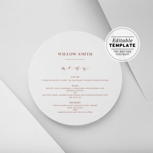 May include: A white circle with a brown border, containing a wedding menu template with the text "WILLOW SMITH" and the menu items: "SALAD", "MAIN", and "DESSERT".