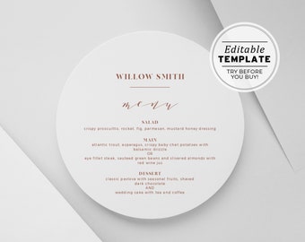 Ceramica Minimalist Round 6" Wedding Reception Menu | EDITABLE TEMPLATE #045