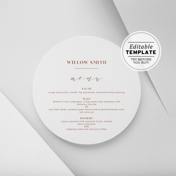 Ceramica Minimalist Round 6" Wedding Reception Menu | EDITABLE TEMPLATE #045