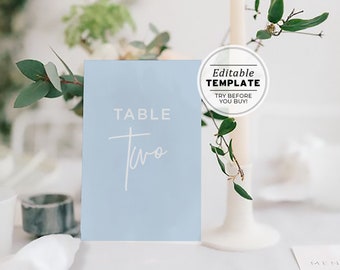 Powder Blue Editable Table Number Template Printable Sign #036