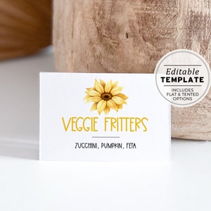 Sunflower Buffet Food Card Template, Minimalist Sunflower Themed Buffet Food Card, Grazing Table Sign | PRINTABLE EDITABLE TEMPLATE #081