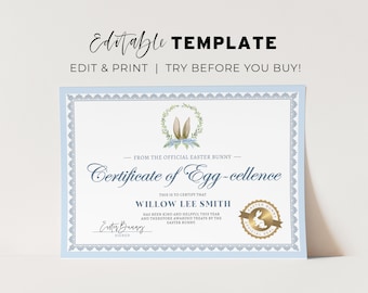 Printable Easter Bunny Certificate, Easter Bunny Certificate of Egg-cellence, From the desk of the Easter Bunny | EDITABLE TEMPLATE #099