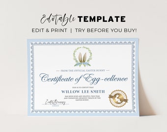 Printable Easter Bunny Certificate, Easter Bunny Certificate of Egg-cellence, From the desk of the Easter Bunny | EDITABLE TEMPLATE #099