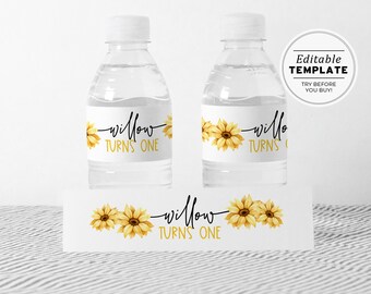 Minimalist Sunflower Theme Birthday Party Water Bottle Wrapper, Printable Party Drink Labels | EDITABLE TEMPLATE #081