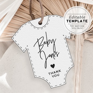 Modello di etichetta per bomboniere per tutina da bambino minimalista Juliette, etichetta stampabile personalizzata / MODELLO MODIFICABILE #004