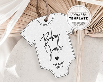 Juliette Minimalist Baby Onesie Party Favor Tag Template, Custom Printable Tag | EDITABLE TEMPLATE #004