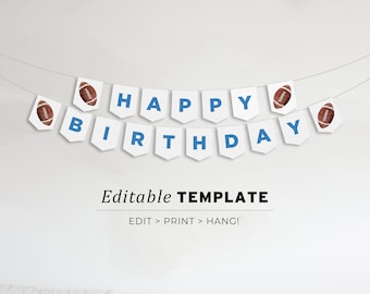 Minimalist Football Happy Birthday Banner, Happy Birthday Bunting, Printable Editable Template #056