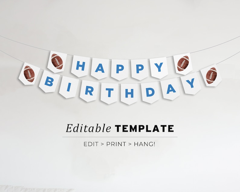 Minimalist Football Happy Birthday Banner, Happy Birthday Bunting, Printable Editable Template 056 image 1