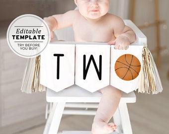 Printable Basketball 2nd Birthday Banner, TWO High Chair Birthday Sign, Happy Birthday Bunting, Birthday Party Sign | EDITABLE TEMPLATE #067