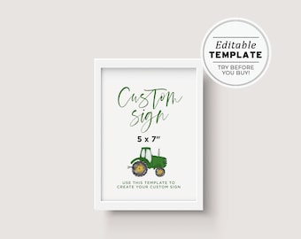 Minimalist Green Tractor Theme Customizable Blank Sign Printable Template 5x7" #058