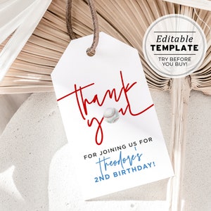 Minimalist Baseball Theme Party Favor Tag, Thank you Tag | EDITABLE TEMPLATE, Printable #016