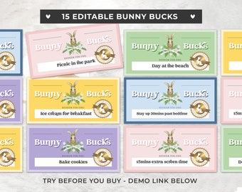 Printable Easter Bunny Coupons, Bunny Bucks, Easter Basket Fillers, Easter Egg Fillers, Personalized Easter Basket | EDITABLE TEMPLATE #099