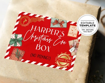 Christmas Eve Box Label, Christmas Gift Label, Night Before Christmas, Christmas Eve Tradition | PRINTABLE EDITABLE TEMPLATE Bell #092