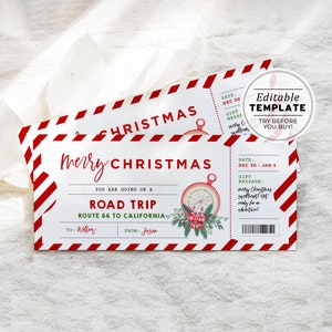 Printable Road Trip Ticket Christmas Gift Template, Surprise Road Trip Ticket Gift, Santa Gift Certificate | EDITABLE TEMPLATE #082 #091