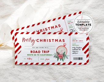 Printable Road Trip Ticket Christmas Gift Template, Surprise Road Trip Ticket Gift, Santa Gift Certificate | EDITABLE TEMPLATE #082 #091