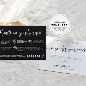 Minimalist Lip Scrub Instructions Card, Editable AfterCare Card | PRINTABLE EDITABLE TEMPLATE #054 #043 Willow