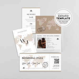 Amelia Passport Wedding Invitation Template Suite, Ensemble de faire-part de mariage sur le thème du voyage, Invitation de mariage aventure, Carte d&#39;embarquement